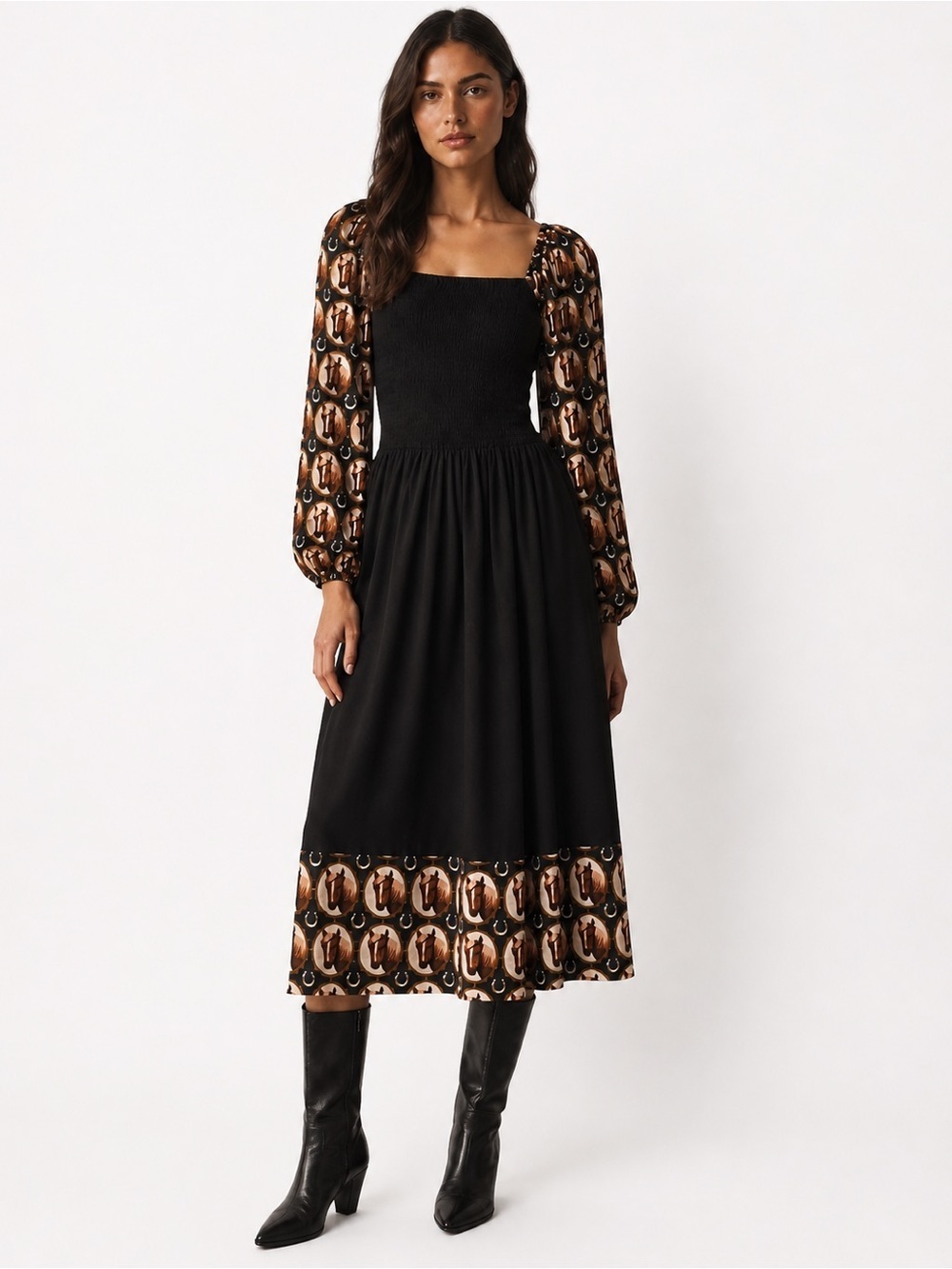 Autumn Adeigbo Black Equestrian Horse Print Midi Dress Size 4